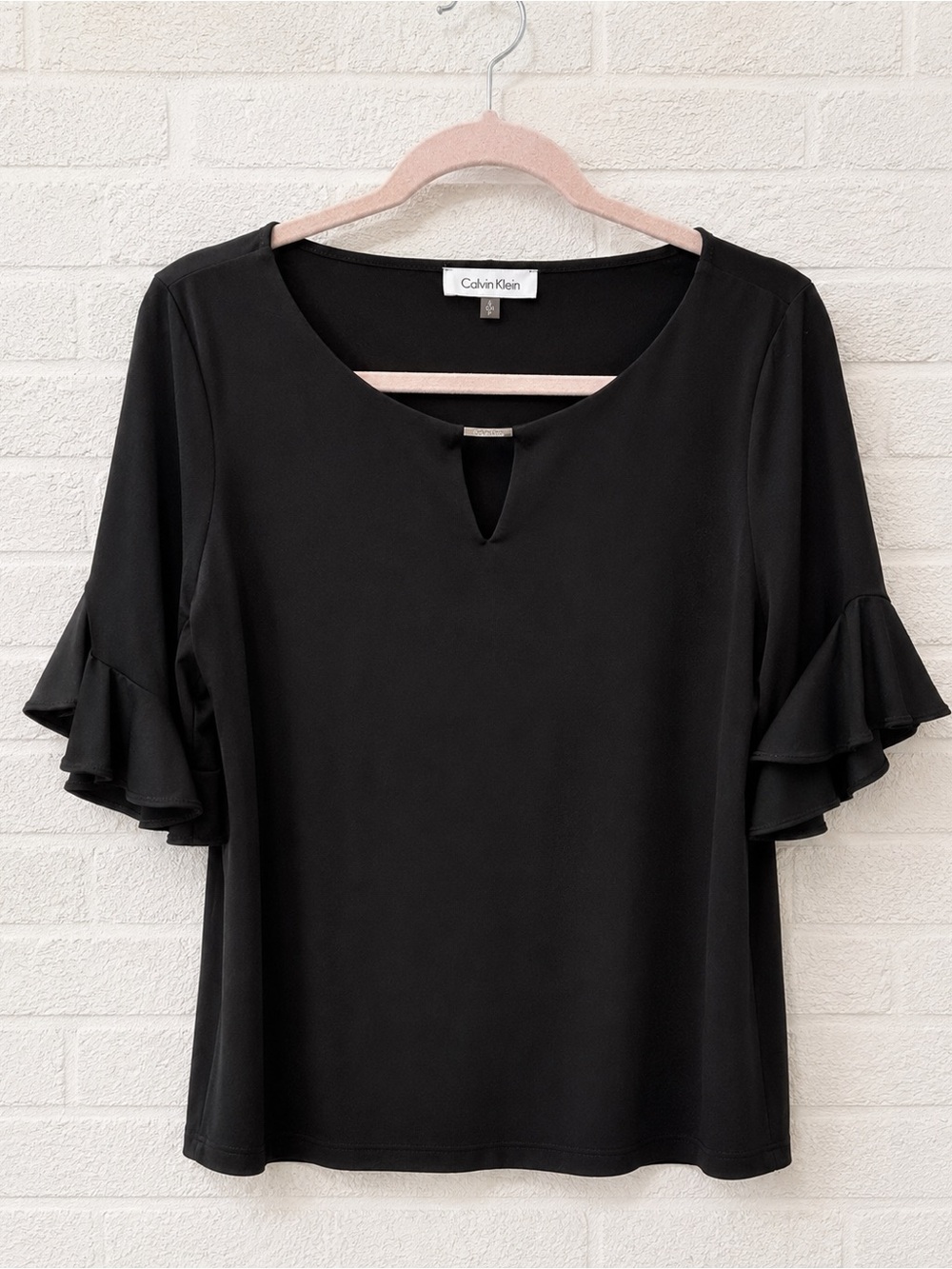 Calvin Klein Black Ruffle Sleeve Keyhole Blouse